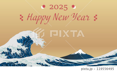 北斎の浮世絵風の2025年、Happy new yearの背景イラストバナー素材　ベクター　16:9 119556495