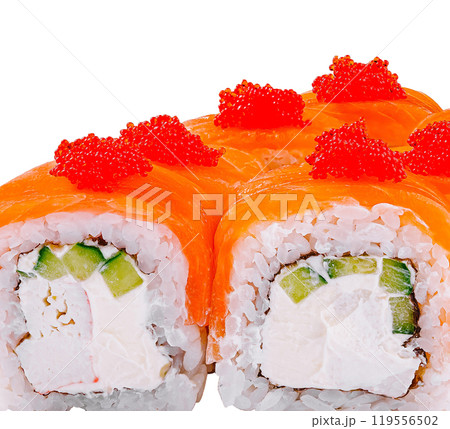 Philadelphia sushi roll topped with salmon and red caviar Philadelphia sushi roll topped with salmon and red caviar 119556502