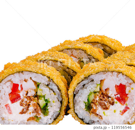 Tempura maki sushi rolls with rice and smoked eel on white background 119556546