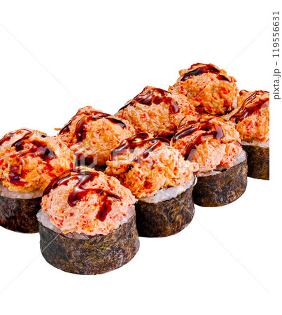Spicy sushi rolls covered with cream cheese and sauce standing in line on white background Spicy sushi rolls covered with cream cheese and sauce standing in line on white background 119556631