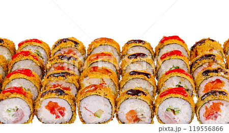 Delicious tempura maki sushi rolls topped with sauce standing in line on white background 119556866