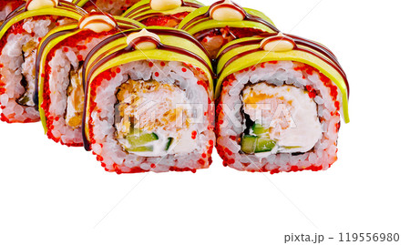 Sushi rolls covered with tobiko roe and avocado slices on white background 119556980