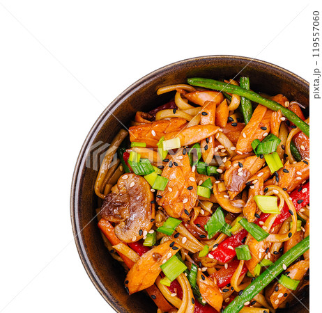 Delicious stir-fried beef and vegetable dish isolated on white Delicious stir-fried beef and vegetable dish isolated on white 119557060