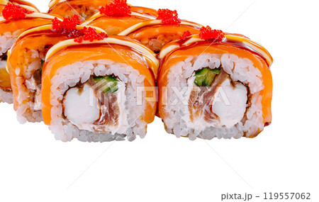 Delicious sushi roll with salmon on white background 119557062