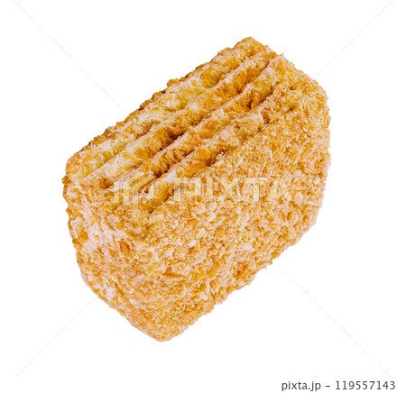 Delicious multi layered napoleon cake with crumb topping on white background Delicious multi layered napoleon cake with crumb topping on white background 119557143