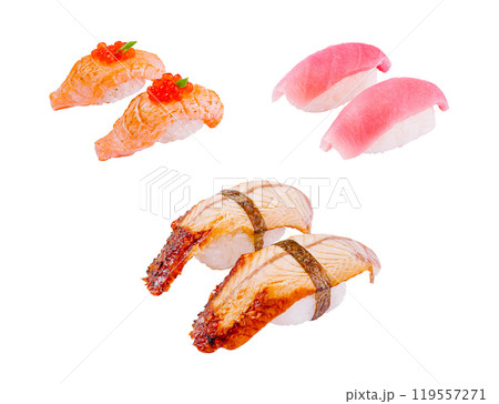 Delicious sushi pieces floating on white background 119557271