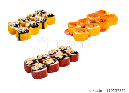 Sweet sushi set with chocolate and fruit topping isolated on white background 119557272