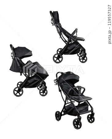 Modern black baby stroller isolated on white background showing different positions 119557327