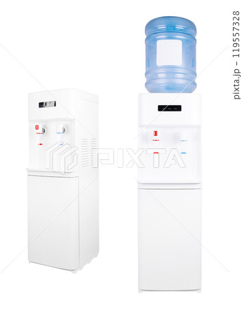 Two modern water coolers with and without bottle on white background Two modern water coolers with and without bottle on white background 119557328