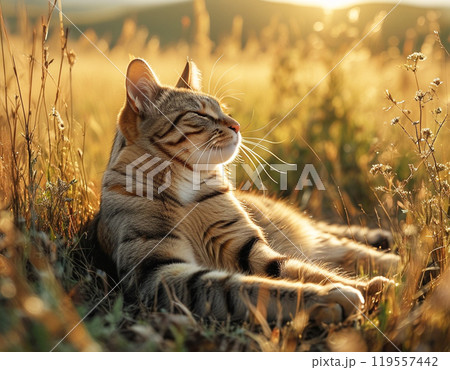 朝日の眩しい草むらに寝転ぶ茶トラの猫 朝日の眩しい草むらに寝転ぶ茶トラの猫 119557442
