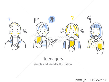 スマホについて悩む10代　シンプルでお洒落な線画イラスト 119557444