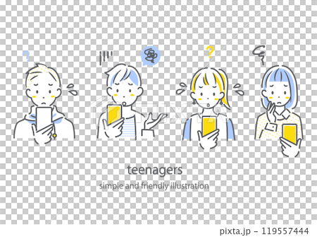 スマホについて悩む10代　シンプルでお洒落な線画イラスト 119557444