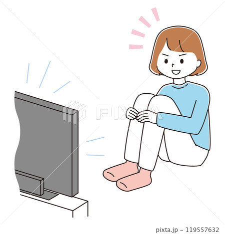 三角座りで真剣にテレビを観る女性のイラスト 119557632