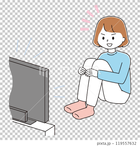 三角座りで真剣にテレビを観る女性のイラスト 119557632