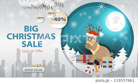 Banner special offer big Christmas sale A deer in a Santa Claus hat next to gifts on the background of the night sky 119557661