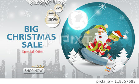 Banner special offer big Christmas sale Santa Claus snake on a snowboard on the background of the night sky Banner special offer big Christmas sale Santa Claus snake on a snowboard on the background of the night sky 119557685