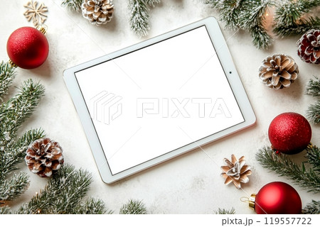Christmas decorations and tablet on white concrete background. Christmas and New Year theme. Flat lay, top view, space for text Christmas decorations and tablet on white concrete background. Christmas and New Year theme. Flat lay, top view, space for text 119557722