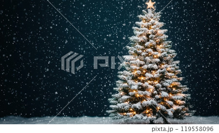 Snow falling on a decorated Christmas tree with lights against a dark blue background. Snow falling on a decorated Christmas tree with lights against a dark blue background. 119558096