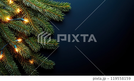 Christmas background with fir branches and string lights on dark blue, copy space Christmas background with fir branches and string lights on dark blue, copy space 119558159