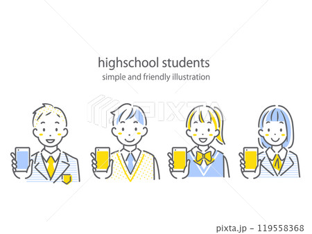 スマートフォンに満足している高校生　シンプルでお洒落な線画イラスト 119558368