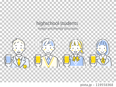 A simple and stylish line drawing of a high school student who is happy with his smartphone 119558368