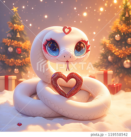 A white snake holding a red heart in its mouth. The image has a cute and playful mood, with the snake being a whimsical and endearing character 119558542