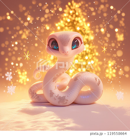 A cartoon snake is sitting in front of a Christmas tree. The snake is white and has blue eyes. The scene is bright and cheerful, with the snake looking up at the tree A cartoon snake is sitting in front of a Christmas tree. The snake is white and has blue eyes. The scene is bright and cheerful, with the snake looking up at the tree 119558664