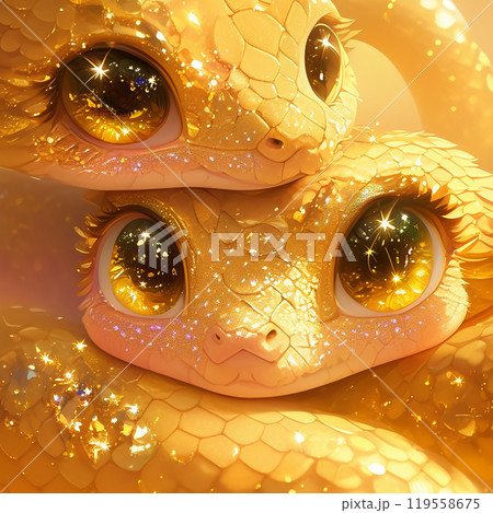 Two small, yellow creatures with big eyes, one of which is a snake. The creatures are covered in glitter, giving them a shiny and magical appearance. The scene is whimsical and playful 119558675