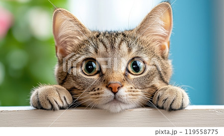 Curious tabby cat peeking over a surface with wide eyes. 119558775