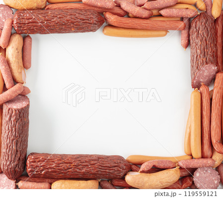 Various dry-cured and smoked sausages. Various dry-cured and smoked sausages. 119559121