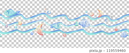 Sea waves, various fish and bubbles. Hand drawn watercolor illustration in blue and coral colors. Seamless border, childish, cute, gentle, simple for textiles and nursery decoration Sea waves, various fish and bubbles. Hand drawn watercolor illustration in blue and coral colors. Seamless border, childish, cute, gentle, simple for textiles and nursery decoration 119559460