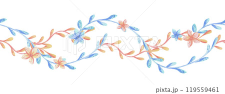 Seaweed, coral, ocean underwater coral reef animals with flowers. Watercolor illustration, hand drawn in pastel colors: pink, peach, coral, turquoise, blue. Seamless board isolated from background Seaweed, coral, ocean underwater coral reef animals with flowers. Watercolor illustration, hand drawn in pastel colors: pink, peach, coral, turquoise, blue. Seamless board isolated from background 119559461