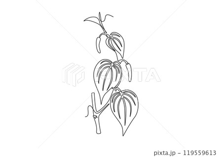 Single continuous line drawing pile of healthy organic fresh betel leaves on branch agriculture logo. Mouth freshener utility concept for plants icon. One line draw graphic design vector illustration 119559613