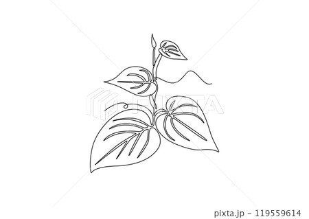 Single continuous line drawing pile of healthy organic fresh betel leaves on branch agriculture logo. Mouth freshener utility concept for plants icon. One line draw graphic design vector illustration 119559614