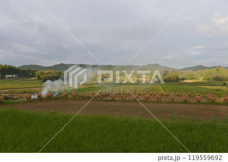 実りの秋の美しい日本の野焼きの田園風景 119559692