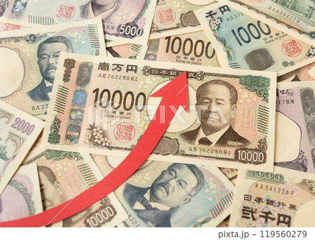 紙幣と急上昇矢印　上昇　紙幣　上向き　値上げ　増税 119560279