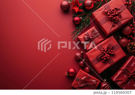 Festive arrangement of red gifts, ornaments, and greenery against a rich red background during the holiday season. 119560307