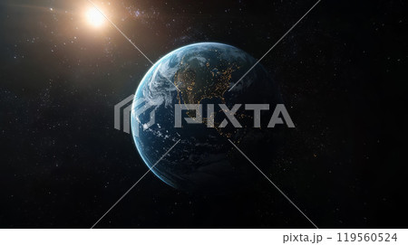 An exoplanet with continents and oceans floating in dark space. An exoplanet with continents and oceans floating in dark space. 119560524