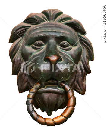 Metal antique castle in the shape of a lion on an isolated white background. For design. 119560656
