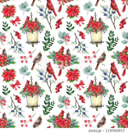 Christmas time festive seamless pattern. Watercolor vintage style illustration. Winter season hand drawn seamless pattern element with red cardinal birds natural elements on white background 119560657