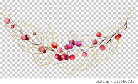 Christmas bouquet with watercolor twigs with red berries and golden leaves. Holidays Illustration 119560735