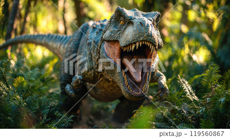 Roaring dinosaur in forest of Jurassic era, prehistoric animal tyrannosaurus rex in jungle. Concept of nature, predator, reptile 119560867