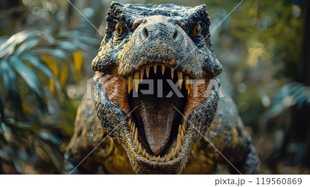 Roaring dinosaur in forest of Jurassic era, face of prehistoric animal tyrannosaurus rex in jungle. Concept of nature, predator, extinct. 119560869
