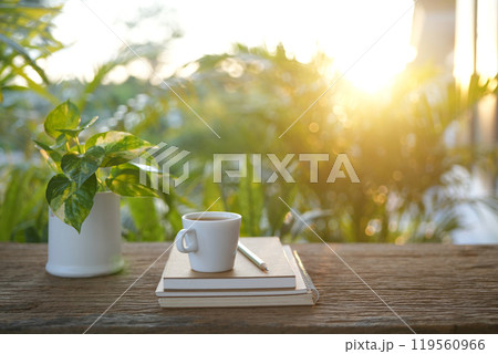 White cup and notebook and pencil on wooden table under sunlight White cup and notebook and pencil on wooden table under sunlight 119560966