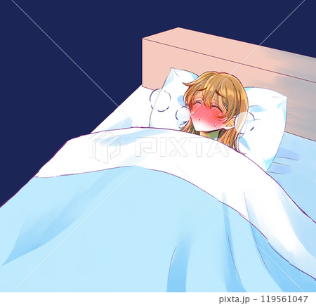 ベッドの中で苦しそうな女性 風邪 病気 ベッドの中で苦しそうな女性 風邪 病気 119561047