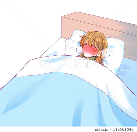 ベッドの中で苦しそうな女性 風邪 病気 ベッドの中で苦しそうな女性 風邪 病気 119561048