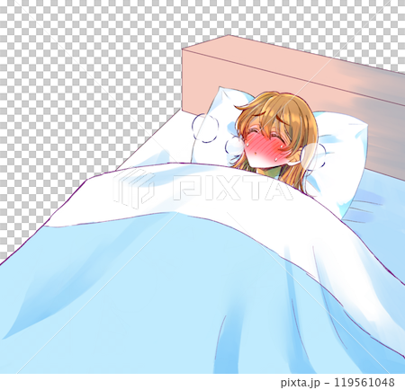 ベッドの中で苦しそうな女性 風邪 病気 ベッドの中で苦しそうな女性 風邪 病気 119561048