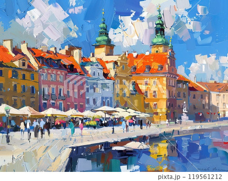 Warsaw, Poland. Old town street. Illustration with colorful painting. 119561212