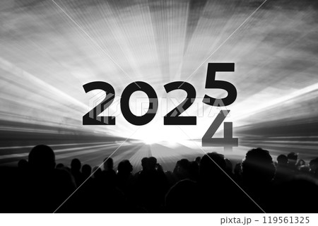 Turn of the year 2024 2025 black white laser party. Luxury entertainment with people crowd audience silhouettes at new year celebration. Premium nightlife event at holidays season time. 119561325