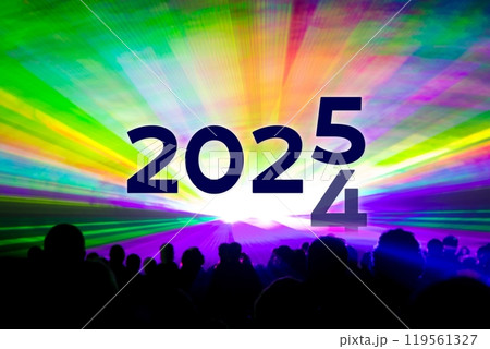 Turn of the year 2024 2025 colorful laser show party. Luxury entertainment with people crowd audience silhouettes at new year celebration. Premium nightlife event at holidays season time. 119561327